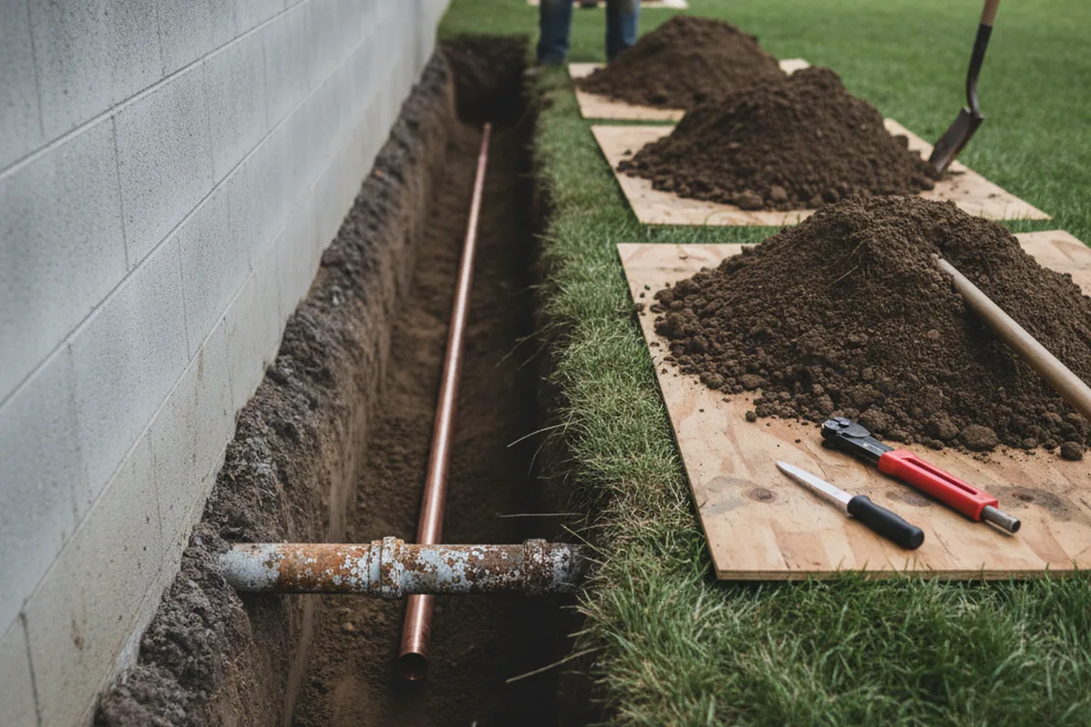 Excavated water line trench during Sewer Line Repair in El Dorado Hills